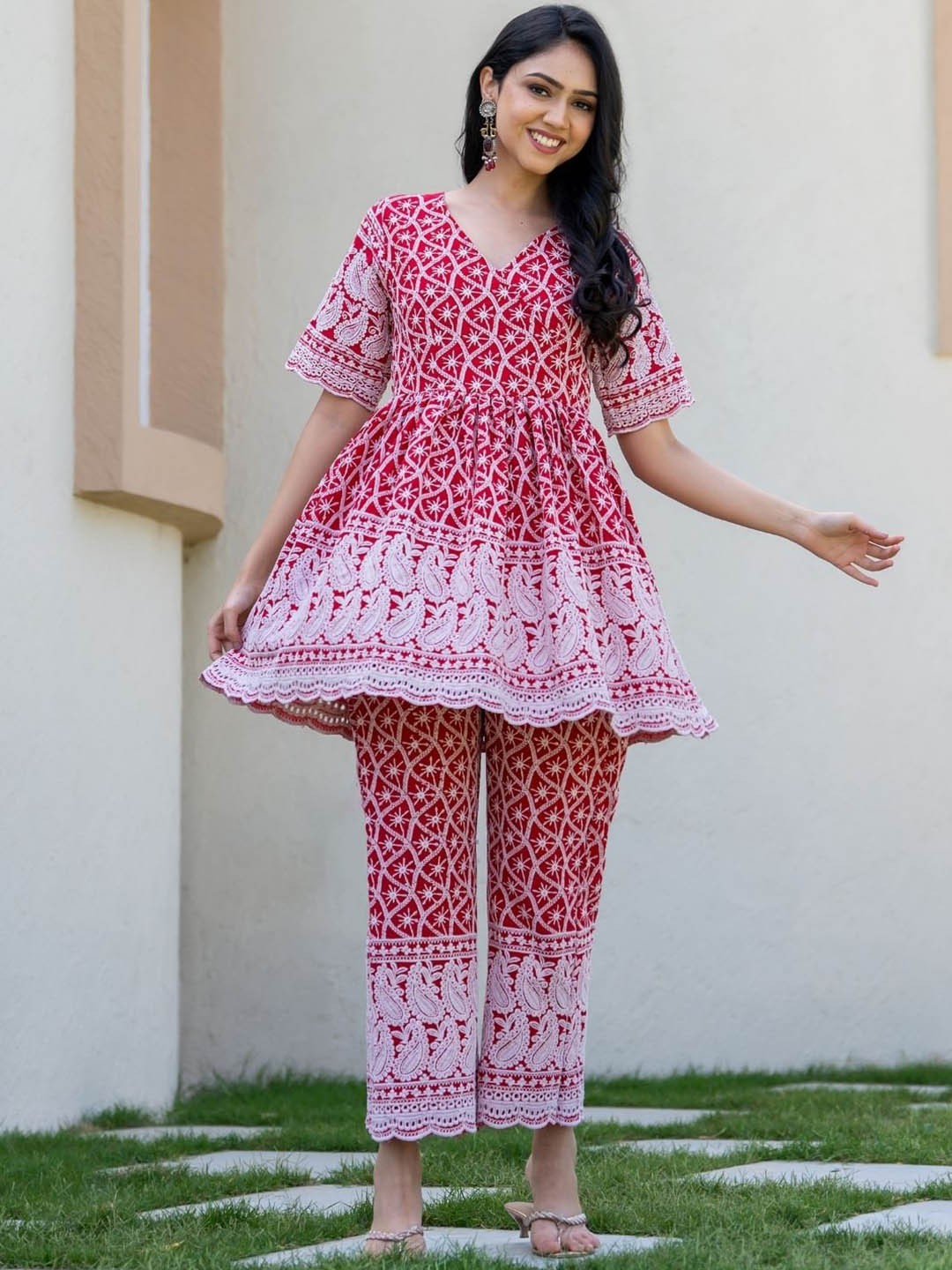 

HOUSE OF JAMOTI Chikankari Embroidered Top & Trousers Co-Ords Set, Red