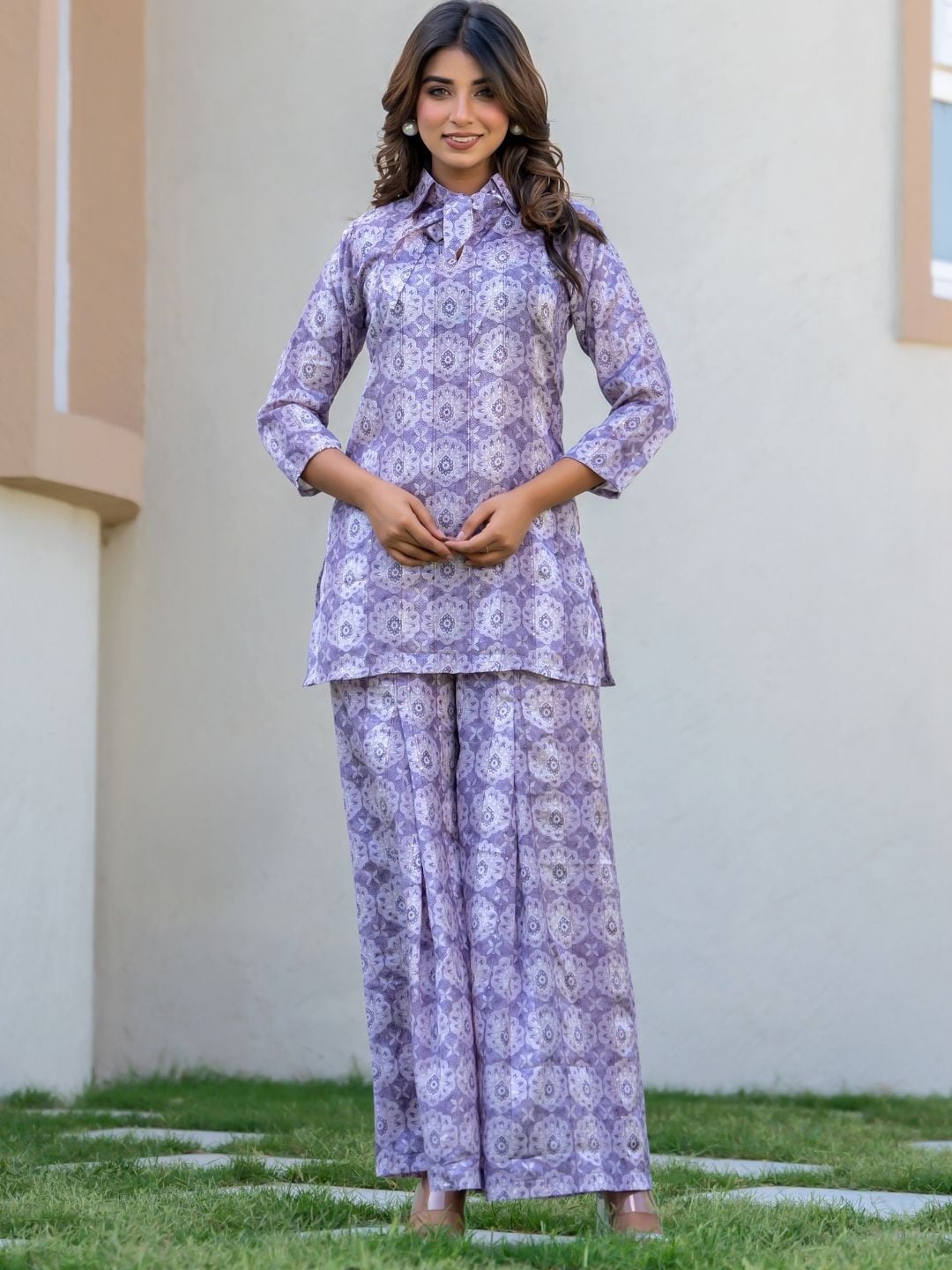 

HOUSE OF JAMOTI Printed Pure Silk Top & Palazzos Co-Ords Set, Purple