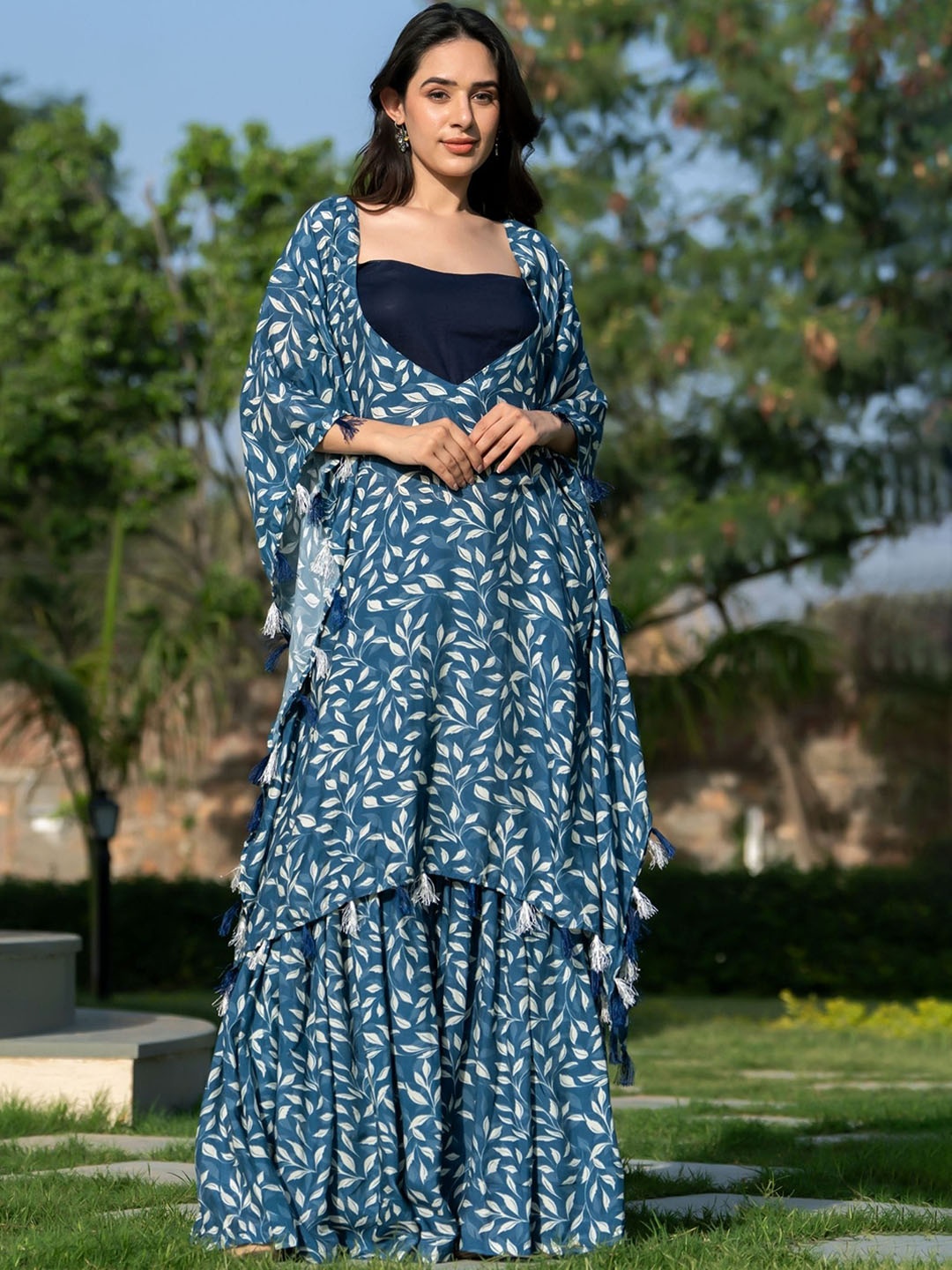 

HOUSE OF JAMOTI Printed Pure Silk Top With Palazzo Co-Ords, Navy blue