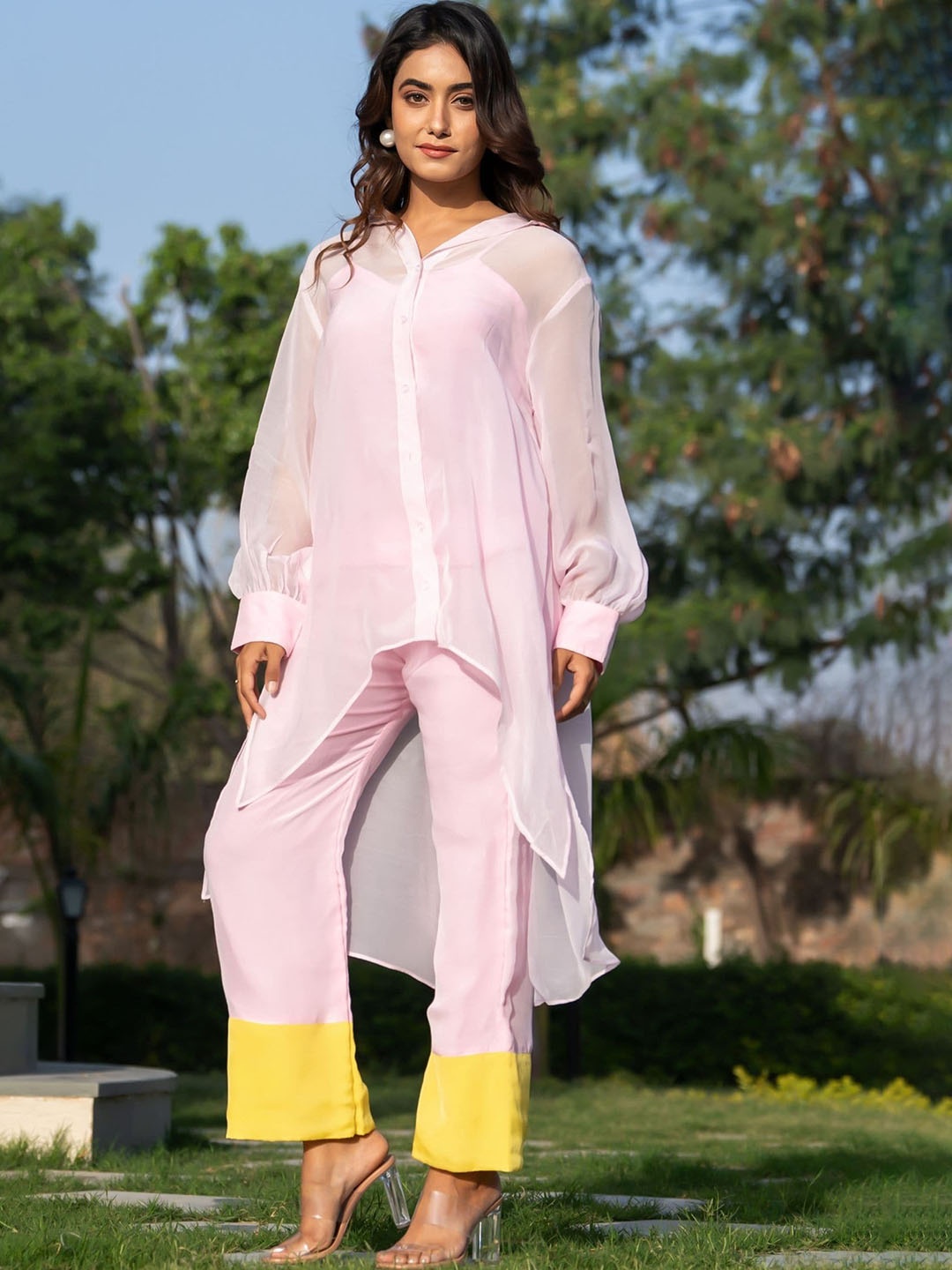 

HOUSE OF JAMOTI Women Long Sleeve Regular waist hem shirt and mid-rise palazzos, Co-Ords, Pink