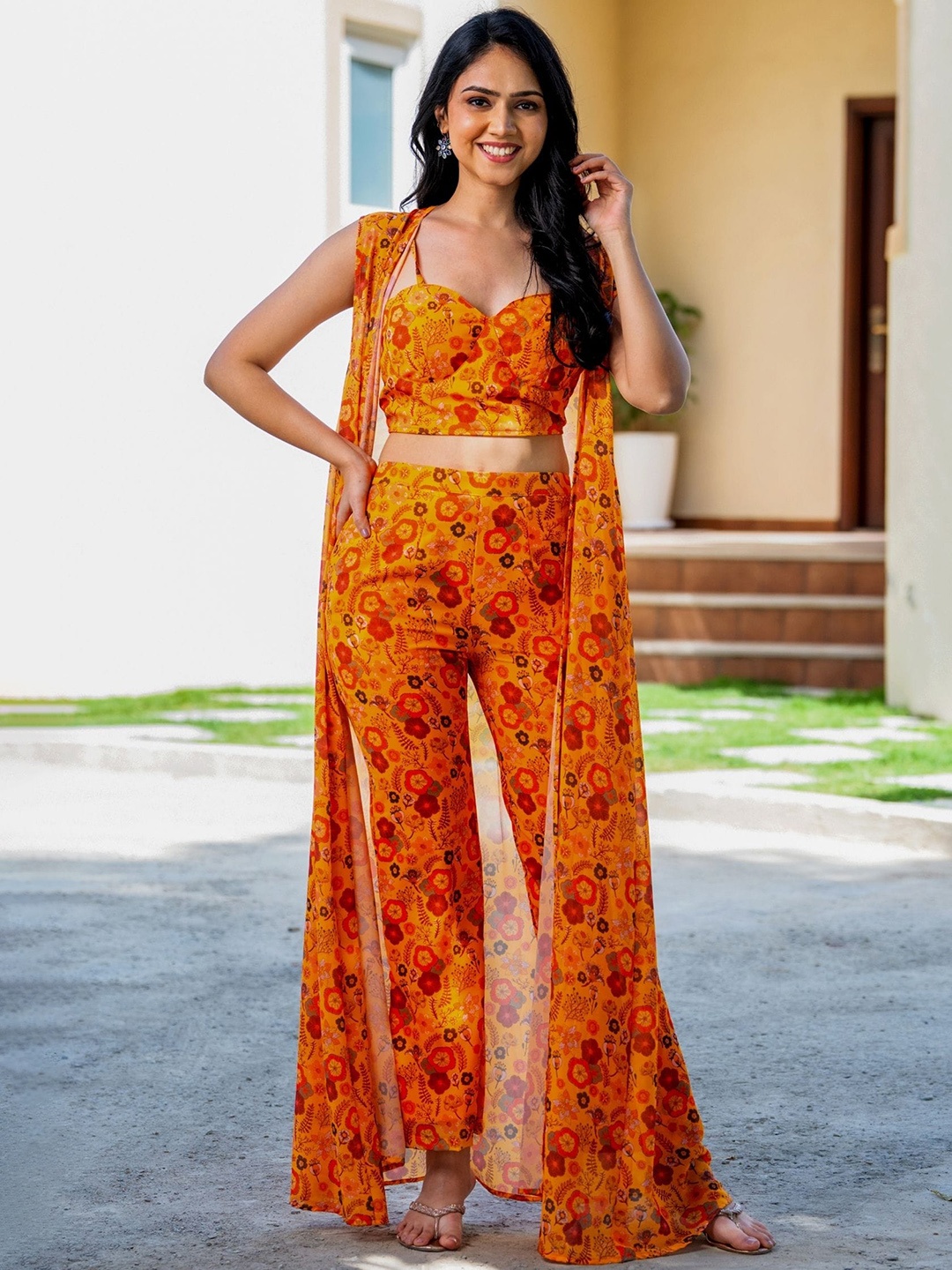 

HOUSE OF JAMOTI Floral Printed Top With Shrug & Trousers Co-Ords, Mustard