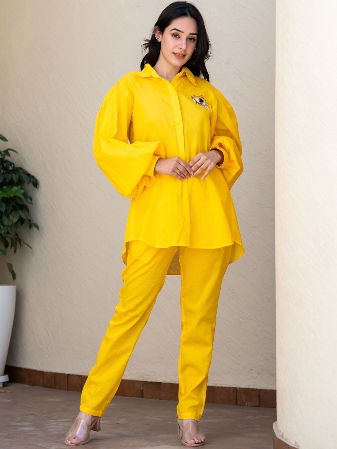 

HOUSE OF JAMOTI Printed Pure Cotton Shirt-Collar Shirt With Trouser Co-Ords, Yellow