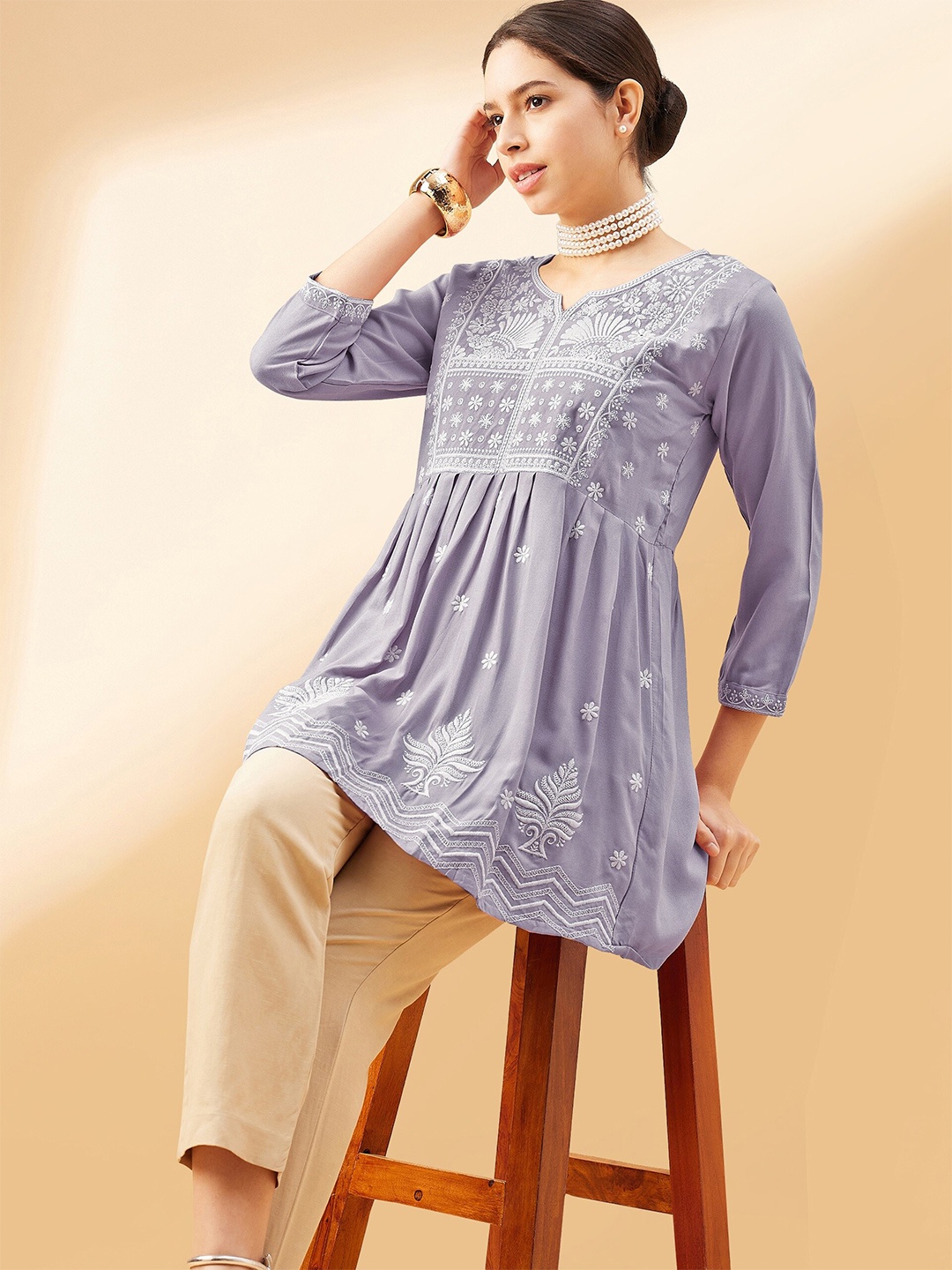 

all about you Floral Printed Longline Opaque Casual Top, Grey