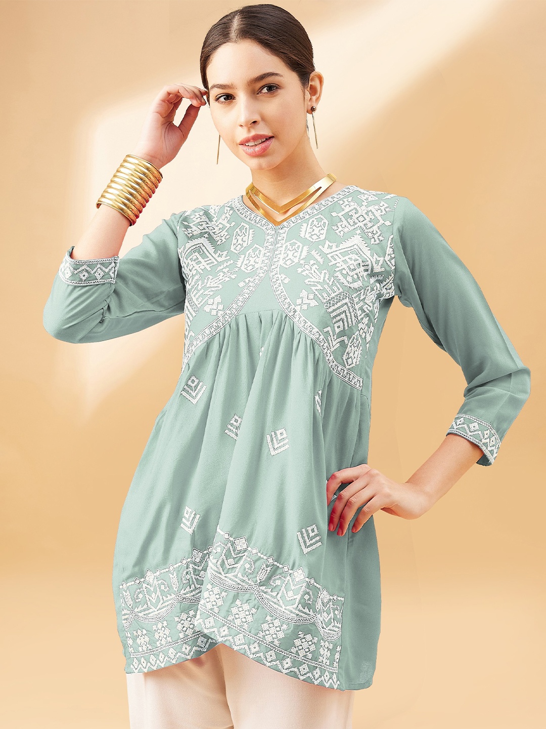 

all about you Olive Green Floral Embroidered V-Neck A-Line Top