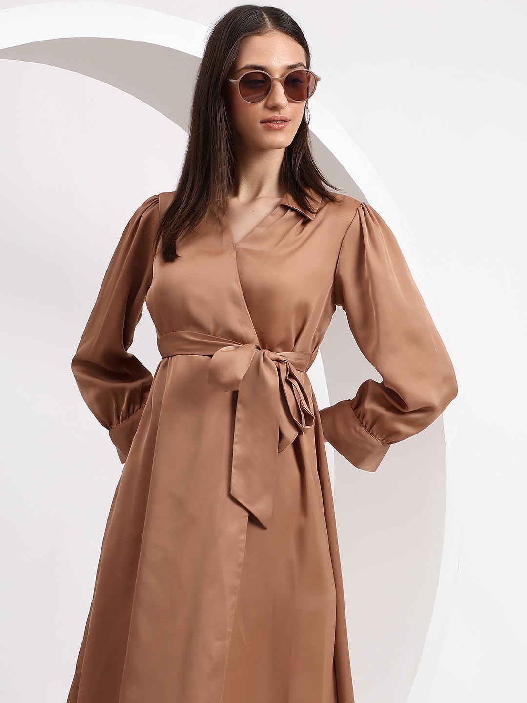 

Justin Whyte Puff Sleeve Satin Wrap Midi Dress, Coffee brown