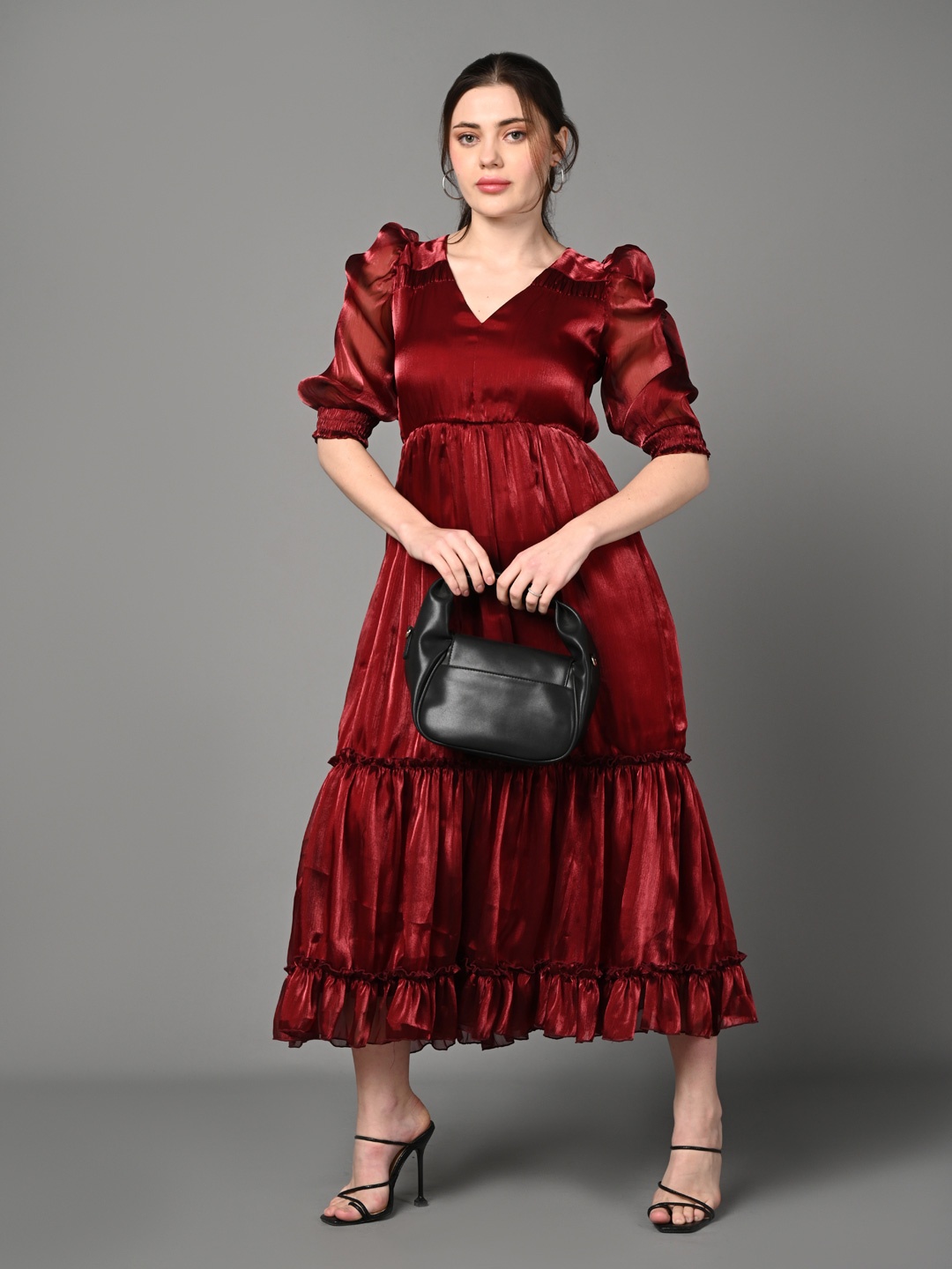 

Justin Whyte Puff Sleeves Tiered Fit and Flare Midi Dress, Red