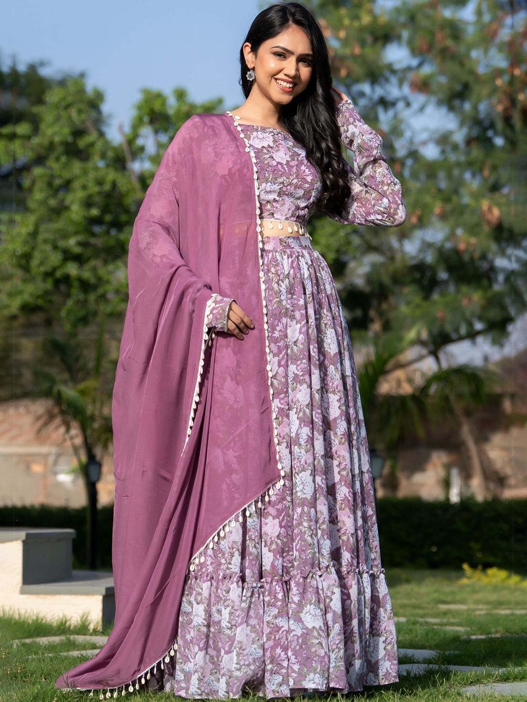 

HOUSE OF JAMOTI Printed Beads and Stones Ready to Wear Lehenga & Blouse With Dupatta, Mauve