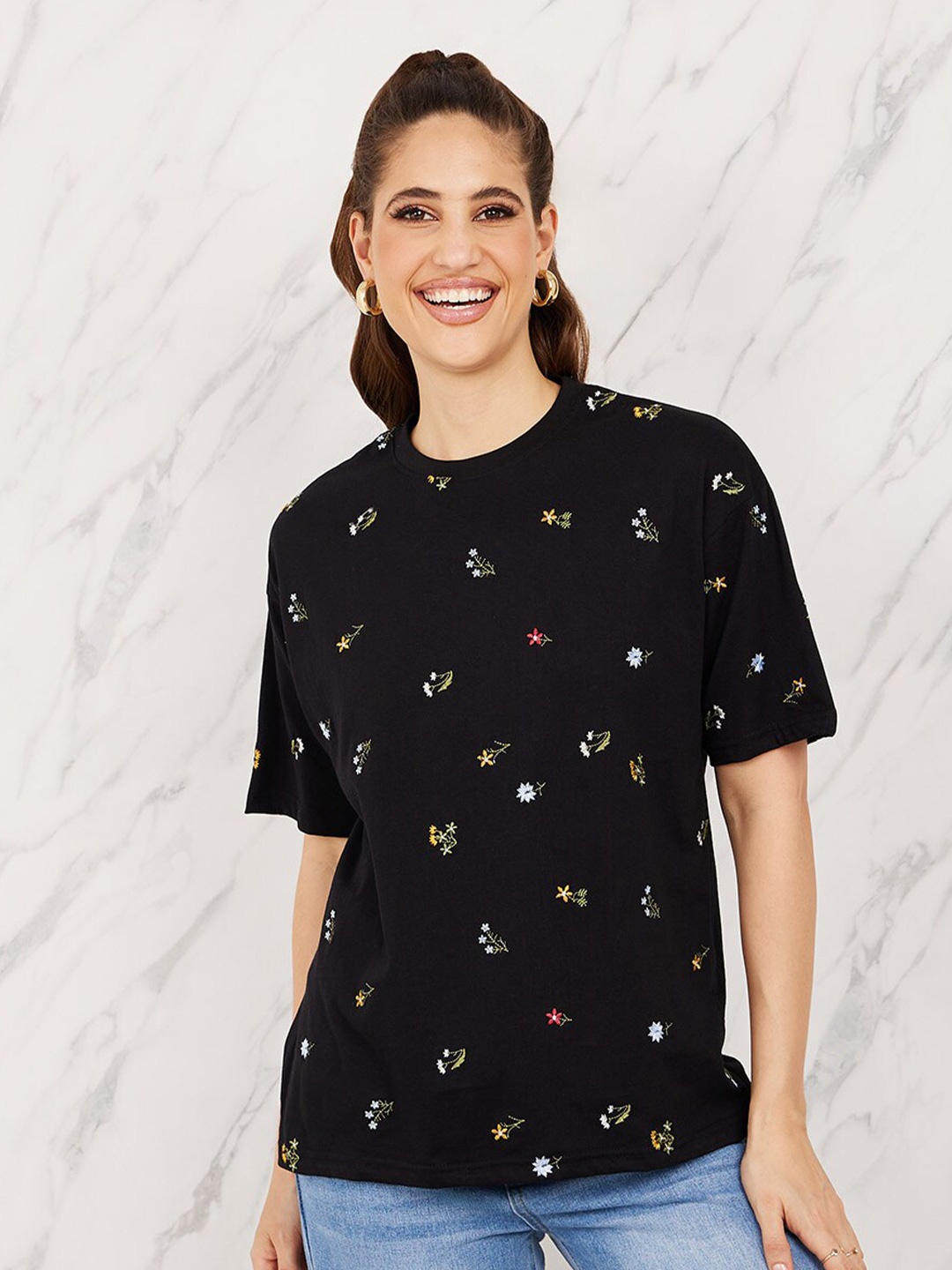 

Styli Oversized All Over Embroidered Round Neck Longline T-Shirt, Black