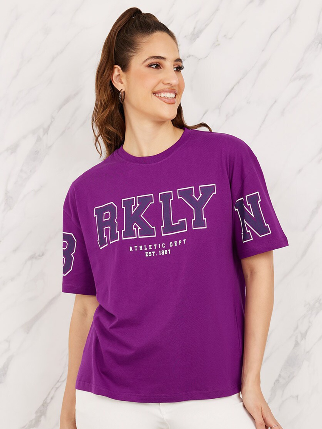 

Styli Oversized Slogan Printed Longline T-Shirt, Purple