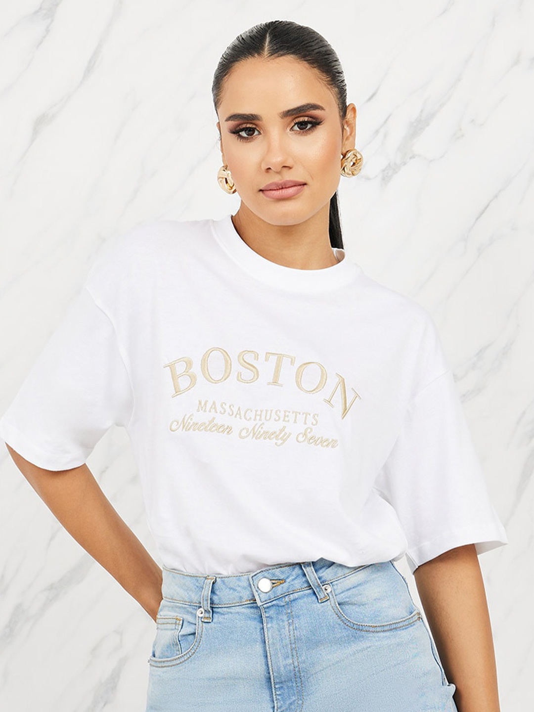 

Styli Oversized Boston Slogan Embroidered Longline T-Shirt, White