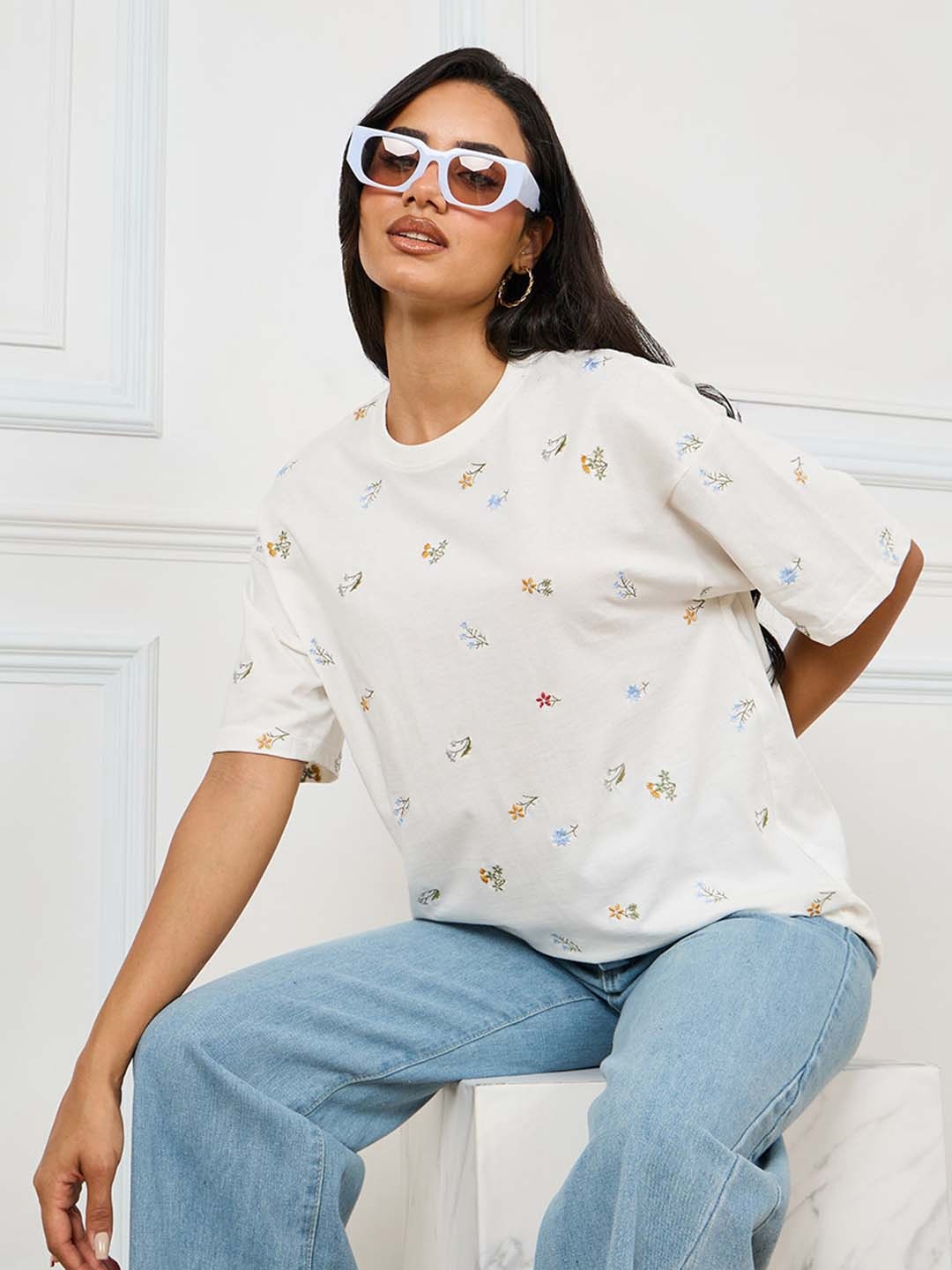 

Styli Oversized All Over Embroidered Round Neck Longline T-Shirt, Off white