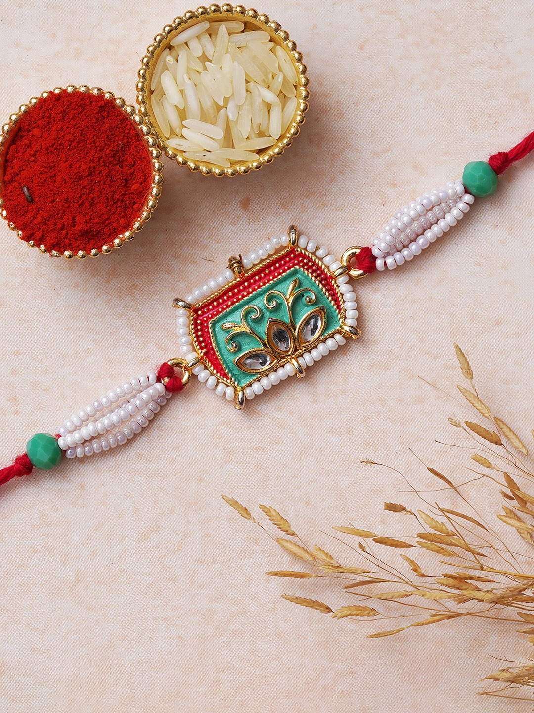 

eCraftIndia Men Pearl Beaded Rakhi With Roli Chawal, Red