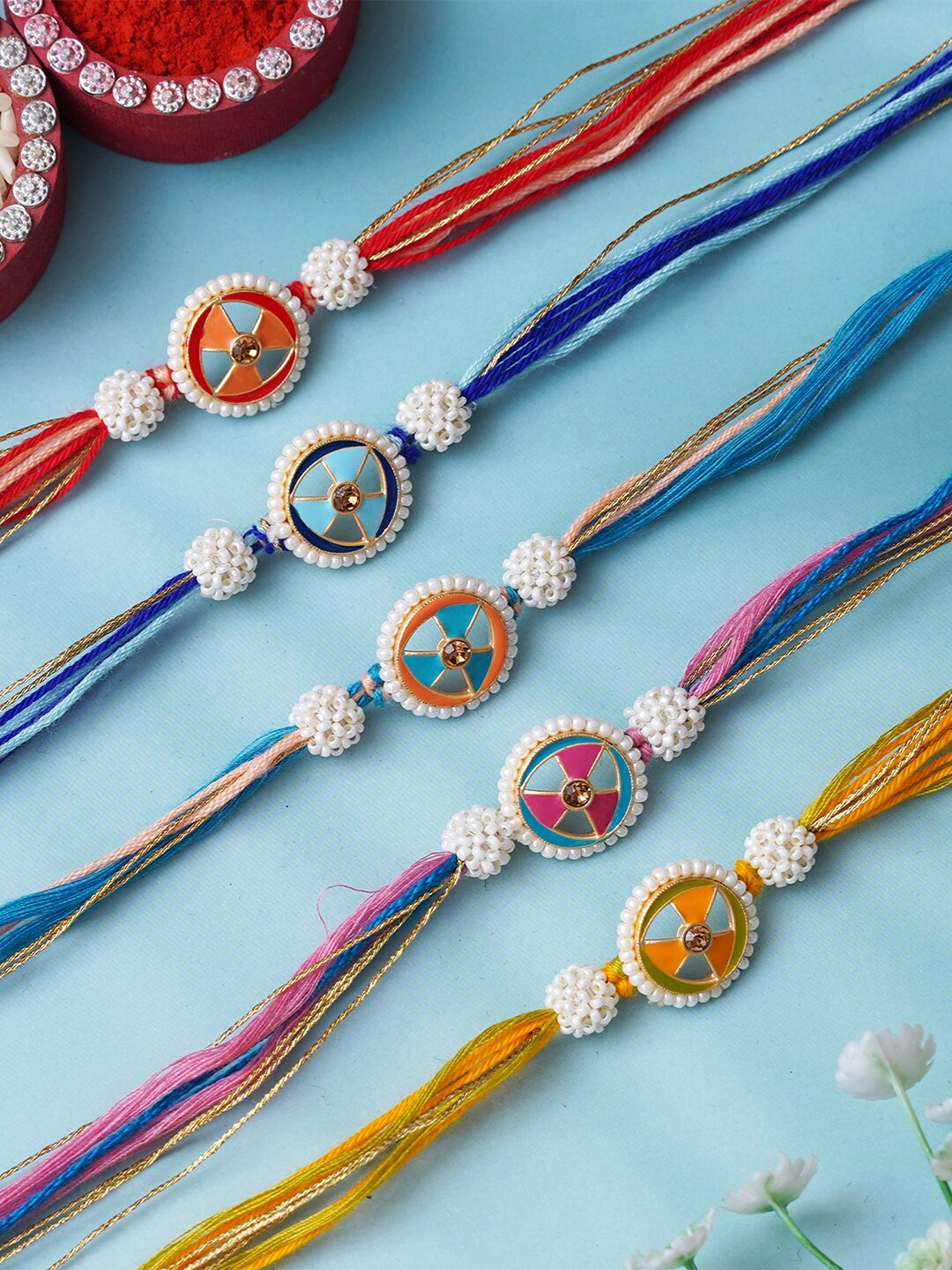 

eCraftIndia Set of 5 Kundan-Studded Designer Rakhis with Roli & Chawal, Yellow