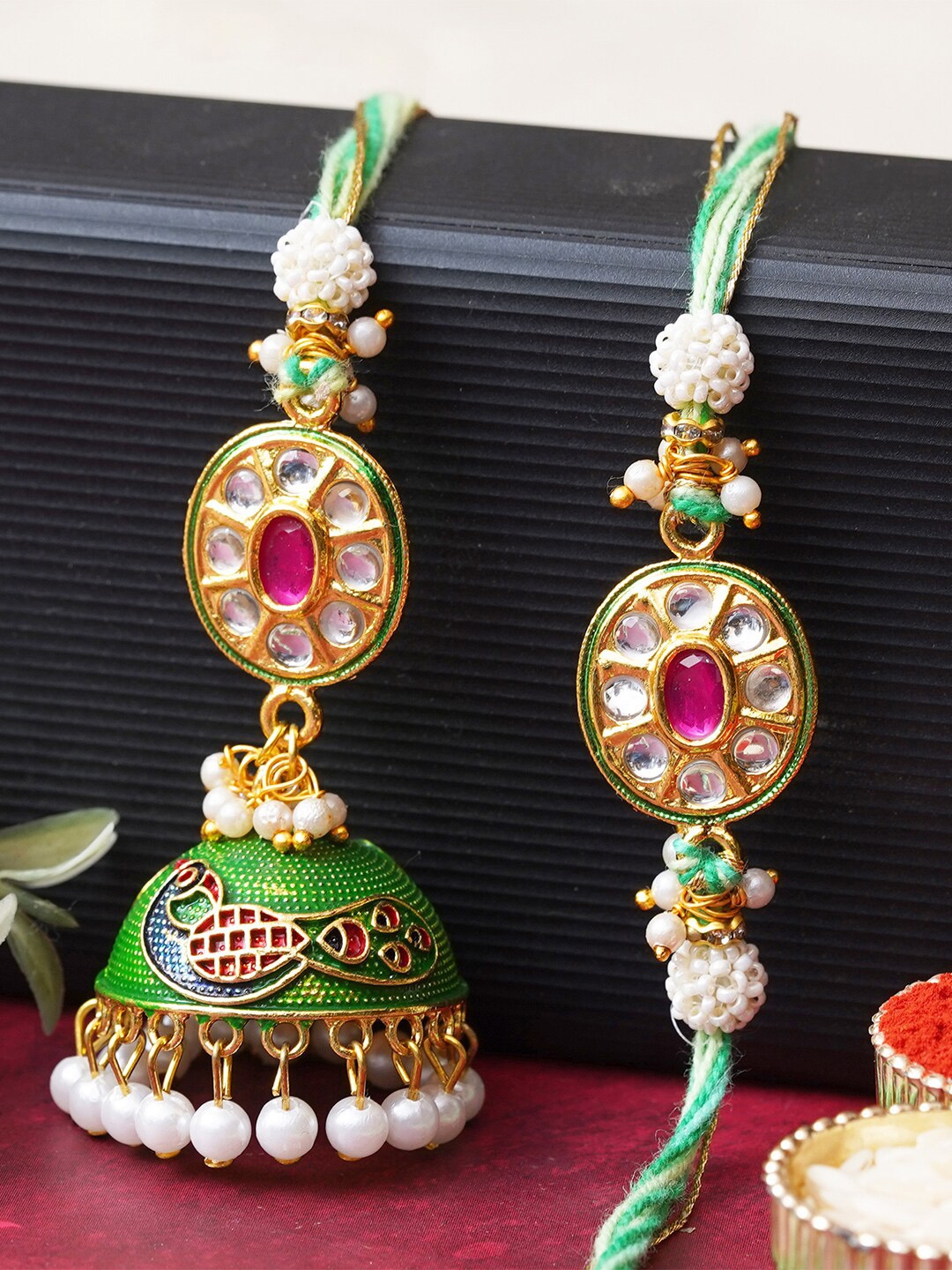 

eCraftIndia Set of 2 Kundan Studded Rakhis with Roli & Chawal, Green
