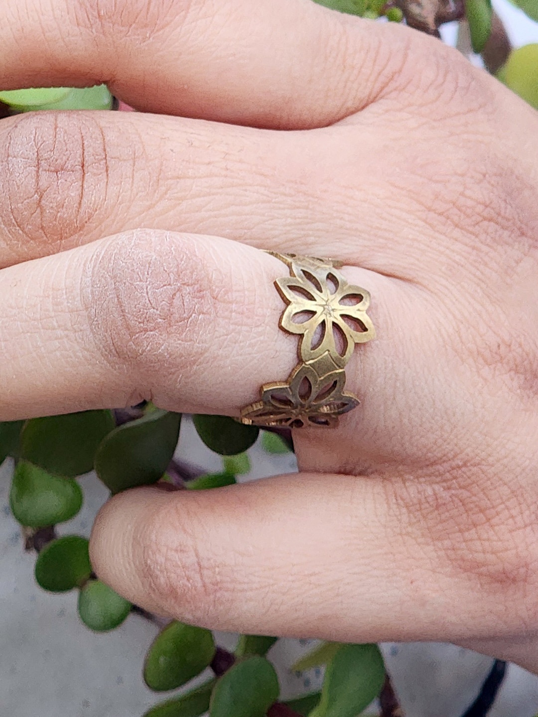 

Goldnera Brass Plated Flower Shape Detail Boho Design Ring, Bronze