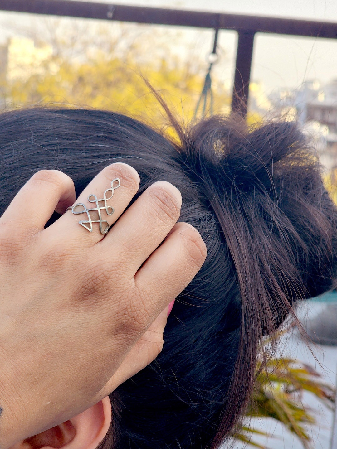 

Goldnera Silver-Plated Kolam Inspired Intricate Oxidised Finger Ring