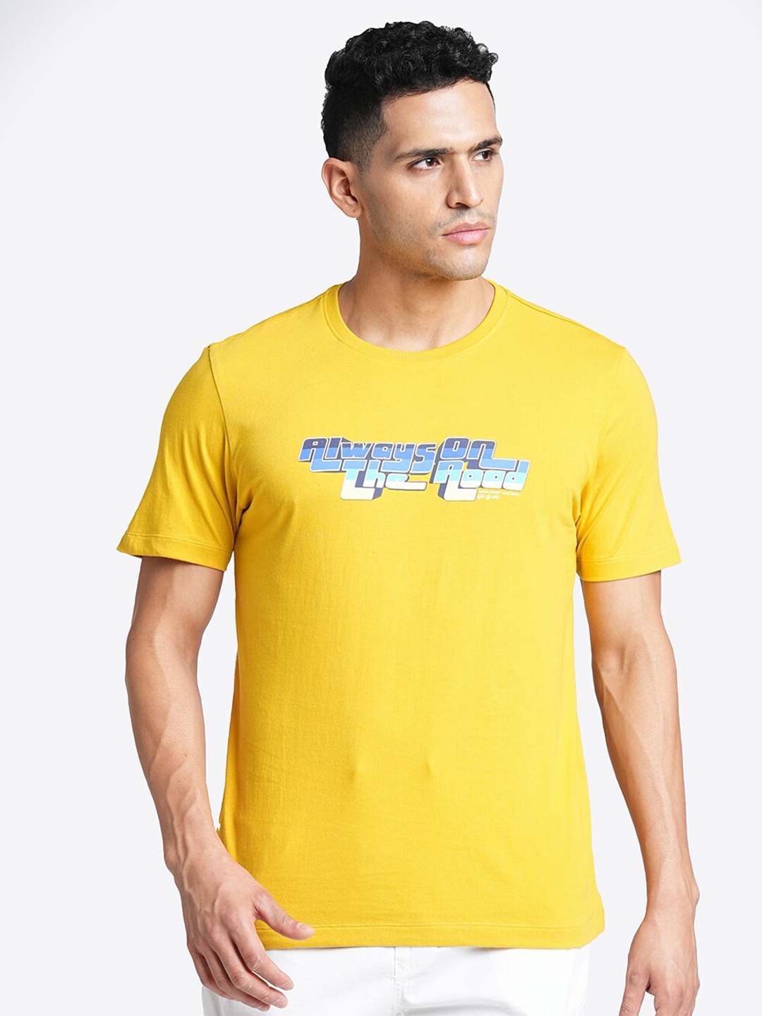Blue Buddha Typography Printed Pure Cotton T-shirt, Yellow