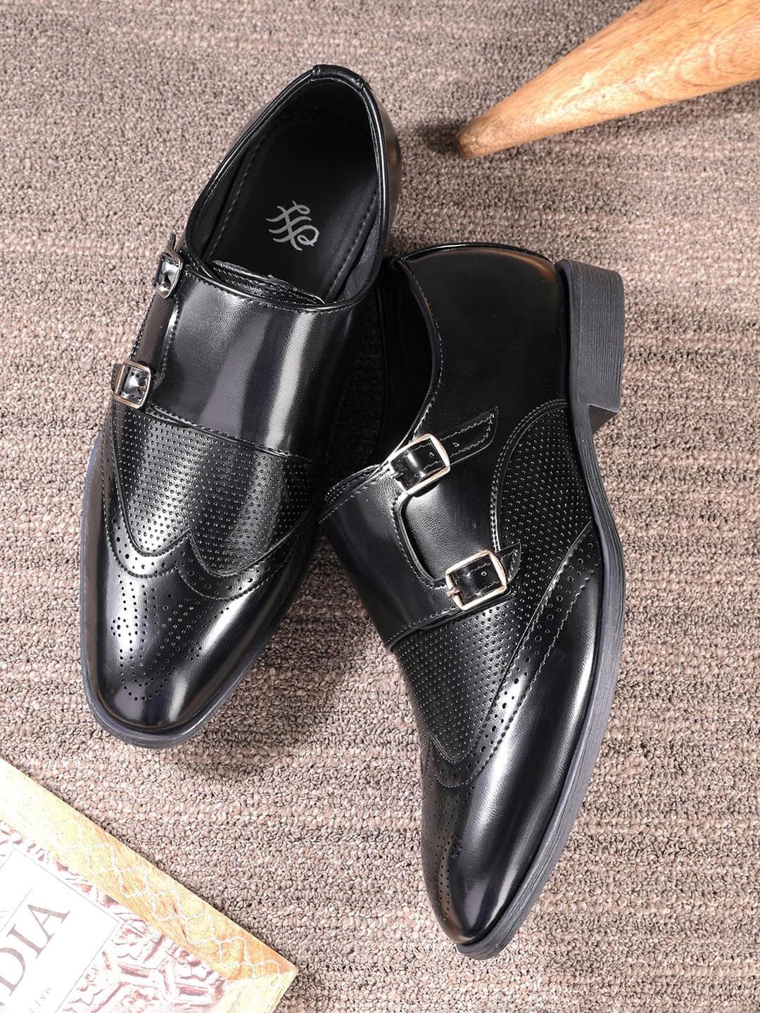 

House of Pataudi Men Textured Round Toe Faux Leather Slip-On Formal Monk Shoes, Black