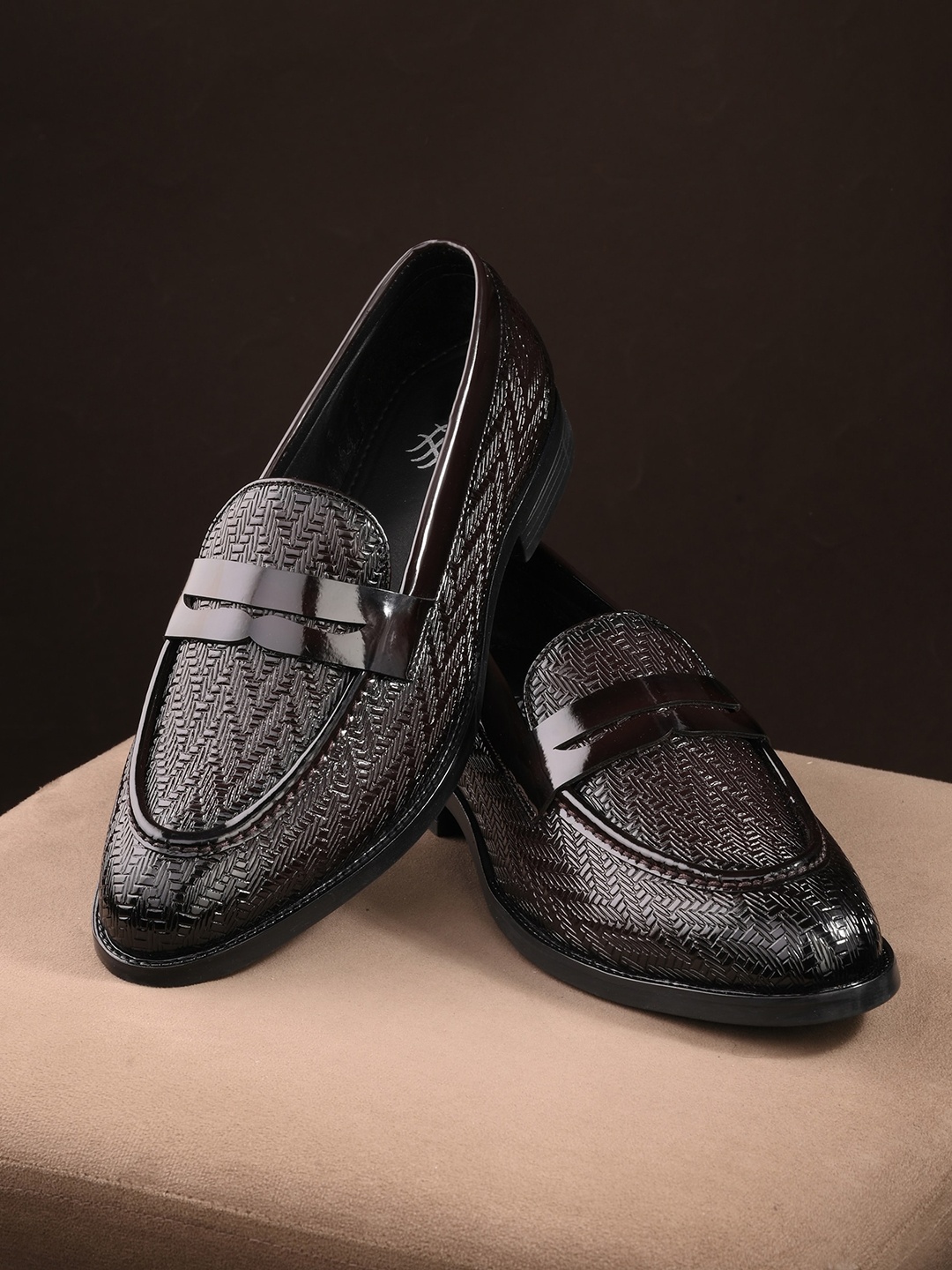 

House of Pataudi Men Textured Round Toe Faux Leather Slip-On Formal Loafers, Brown