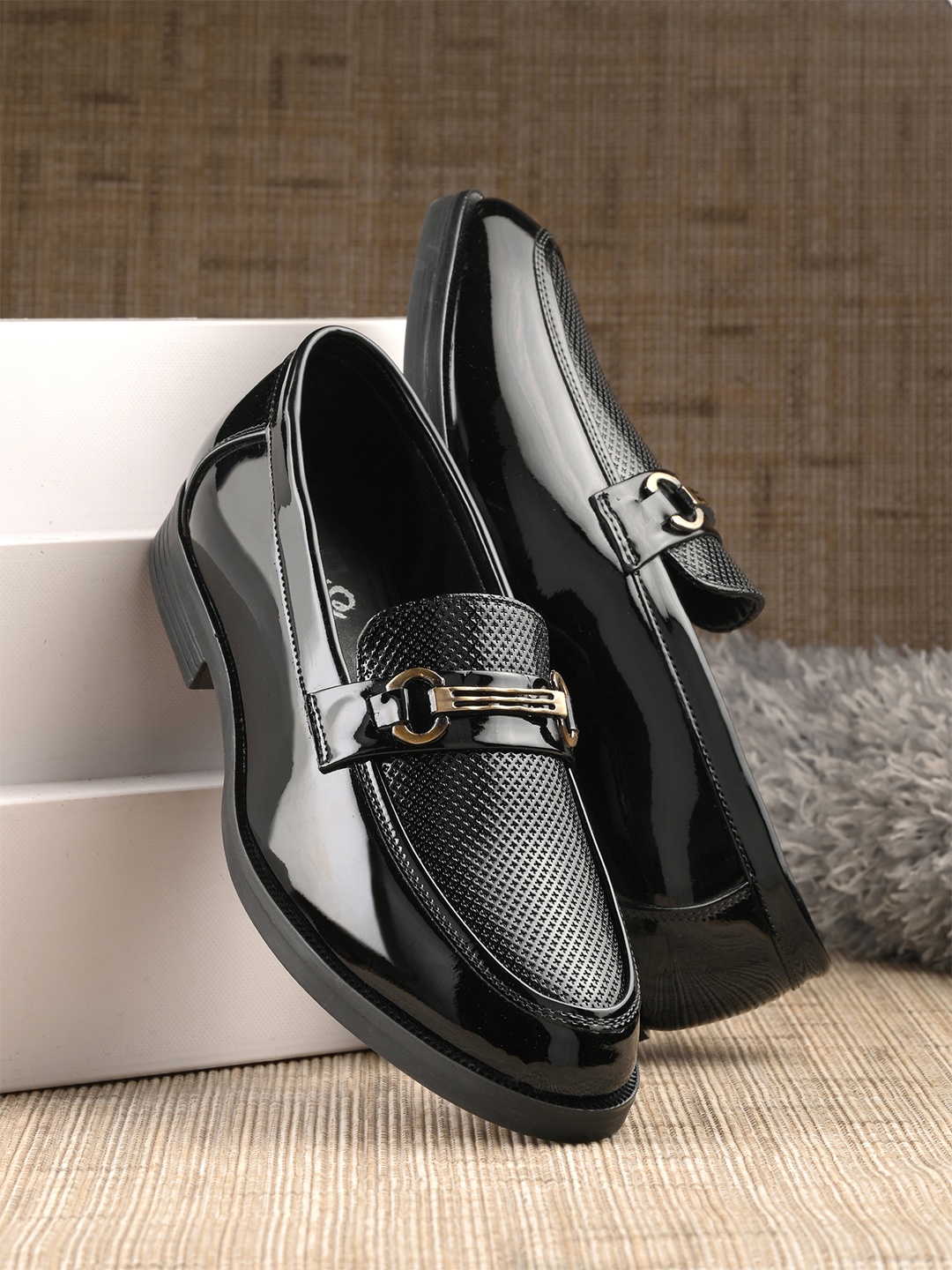 

House of Pataudi Men Textured Round Toe Faux Leather Slip-On Formal Loafers, Black