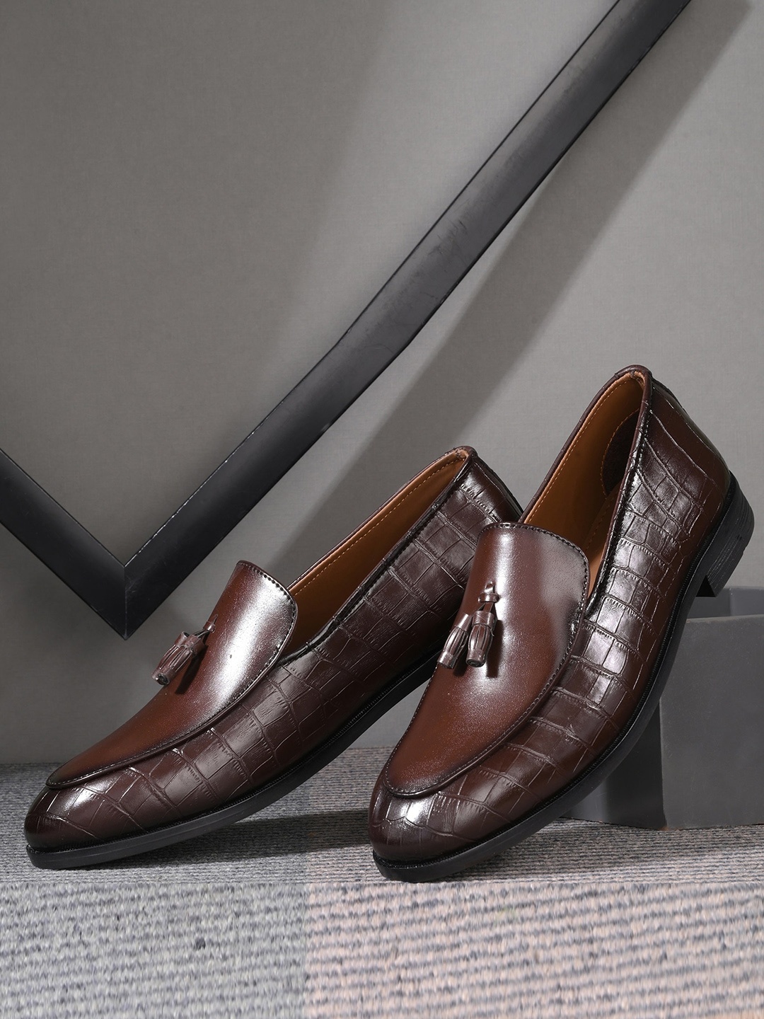 

House of Pataudi Men Textured Round Toe Faux Leather Slip-On Formal Loafers, Brown