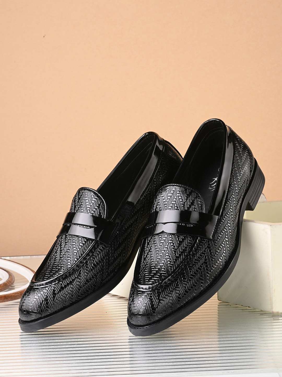 

House of Pataudi Men Textured Round Toe Faux Leather Slip-On Formal Loafers, Black