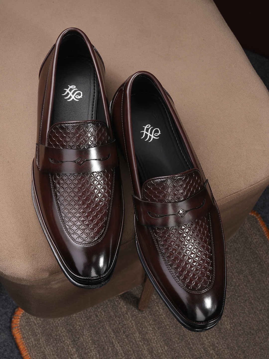 

House of Pataudi Men Textured Round Toe Faux Leather Slip-On Formal Loafers, Brown