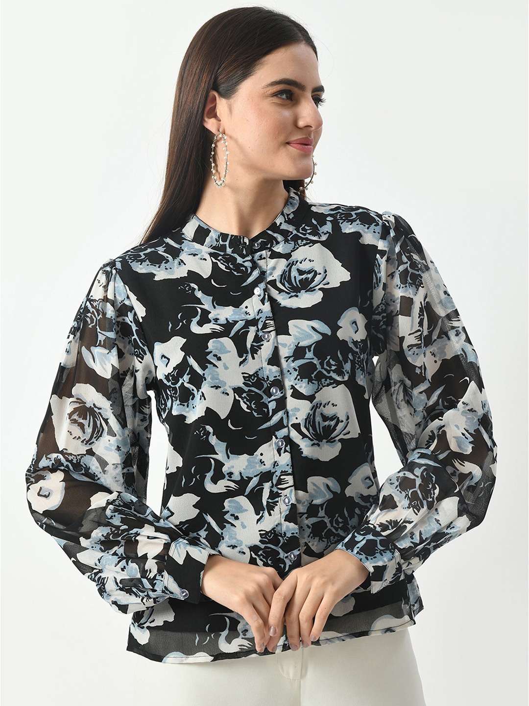 

HERE&NOW Floral Printed Mandarin Collar Puff Sleeve Top, Black
