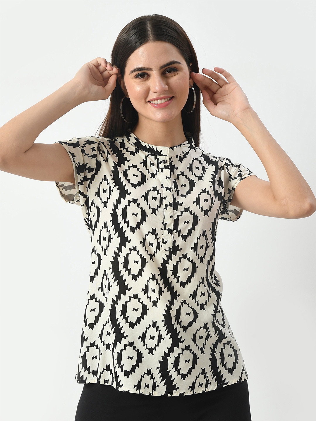 

HERE&NOW Ethnic Motifs Printed Mandarin Collar Top, Off white