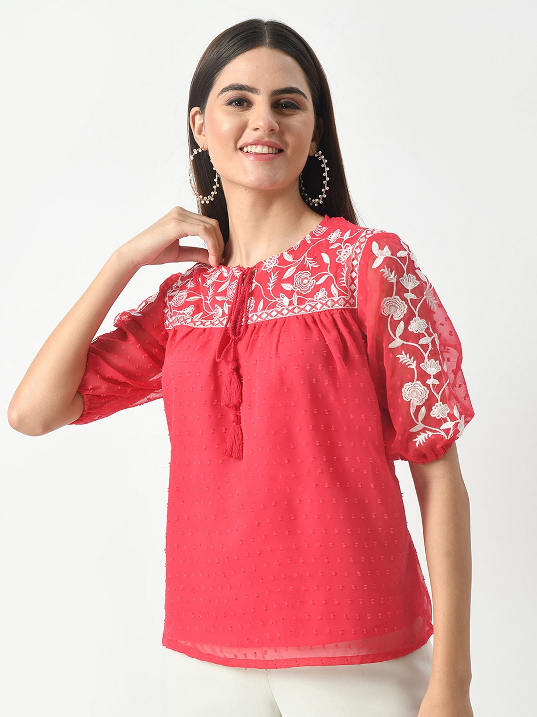 

HERE&NOW Floral Printed Tie-Up Neck Embroidered Puff Sleeves Georgette Top, Pink