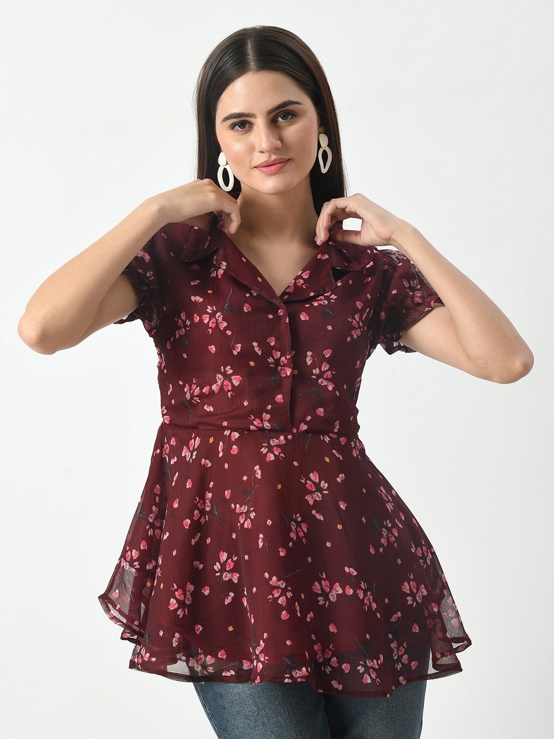 

HERE&NOW Floral Printed Shirt Collar Georgette Peplum Top, Maroon