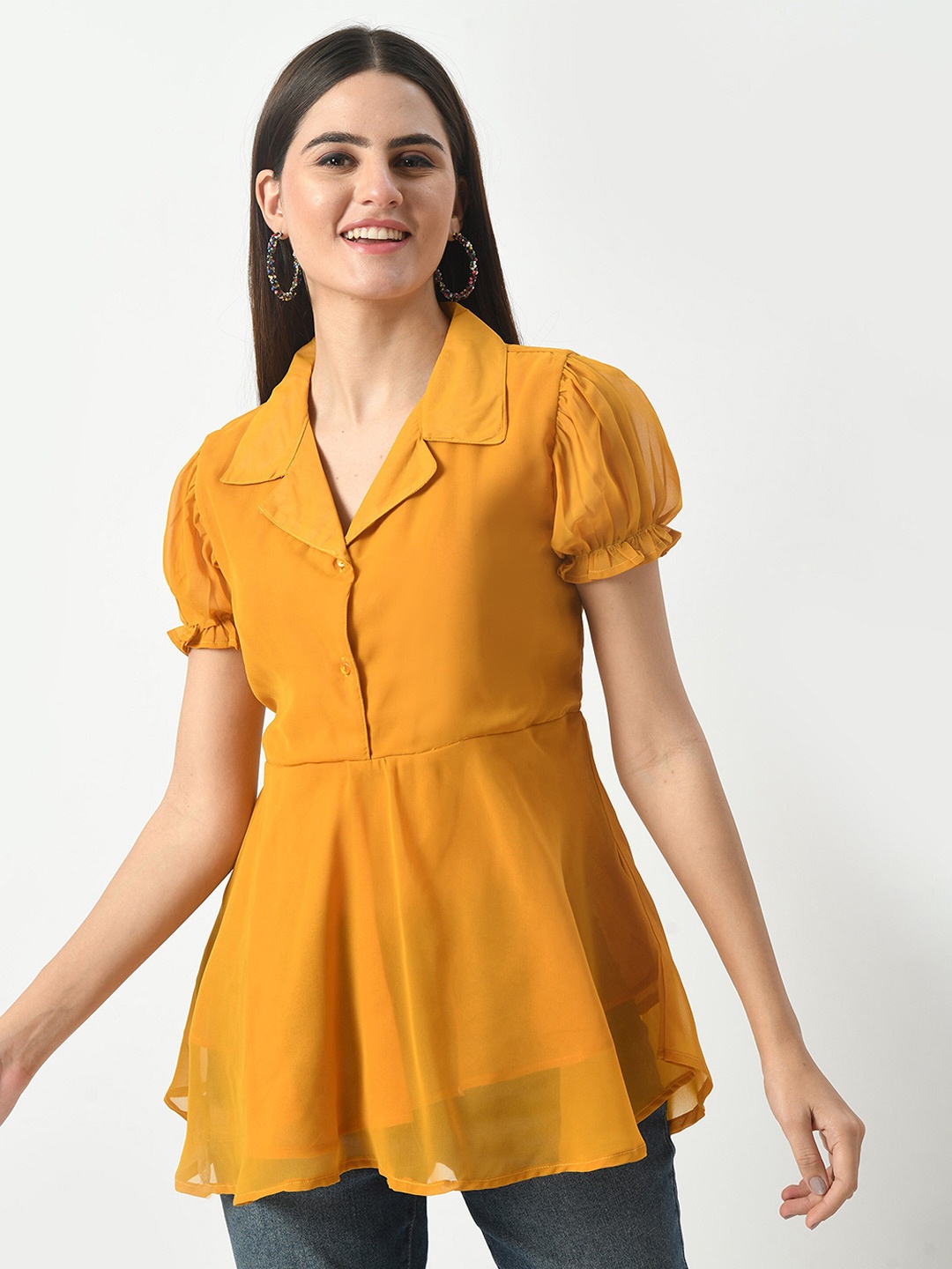 

HERE&NOW Puff Sleeve Shirt Collar Peplum Top, Mustard