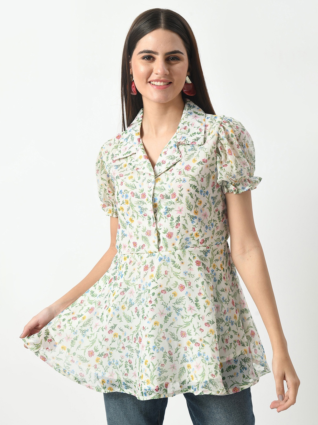 HERE&NOW Floral Printed Shirt Collar Puff Sleeve Peplum Top, Off white