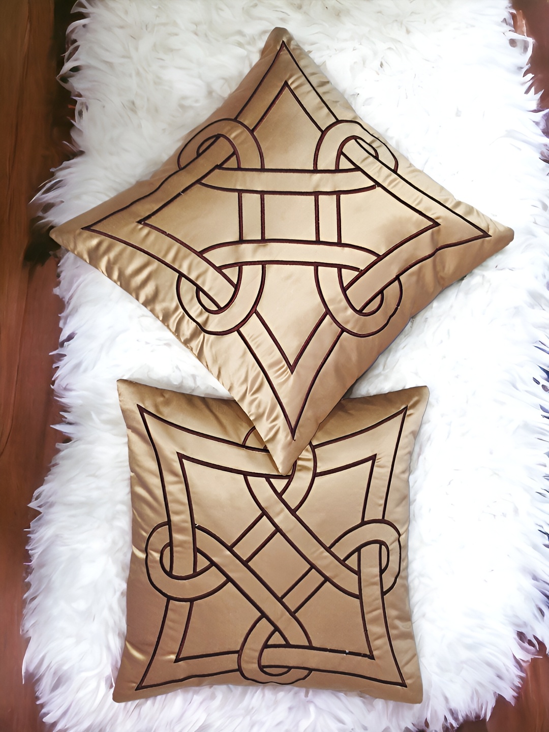 

Zikrak Exim Beige 2 Pieces Embroidered Satin Square Cushion Covers