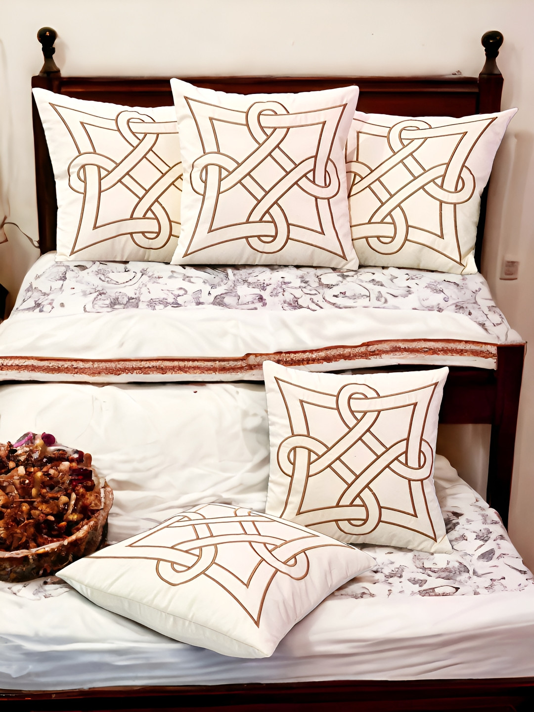 

Zikrak Exim Cream Coloured 5 Pieces Embroidered Satin Square Cushion Covers