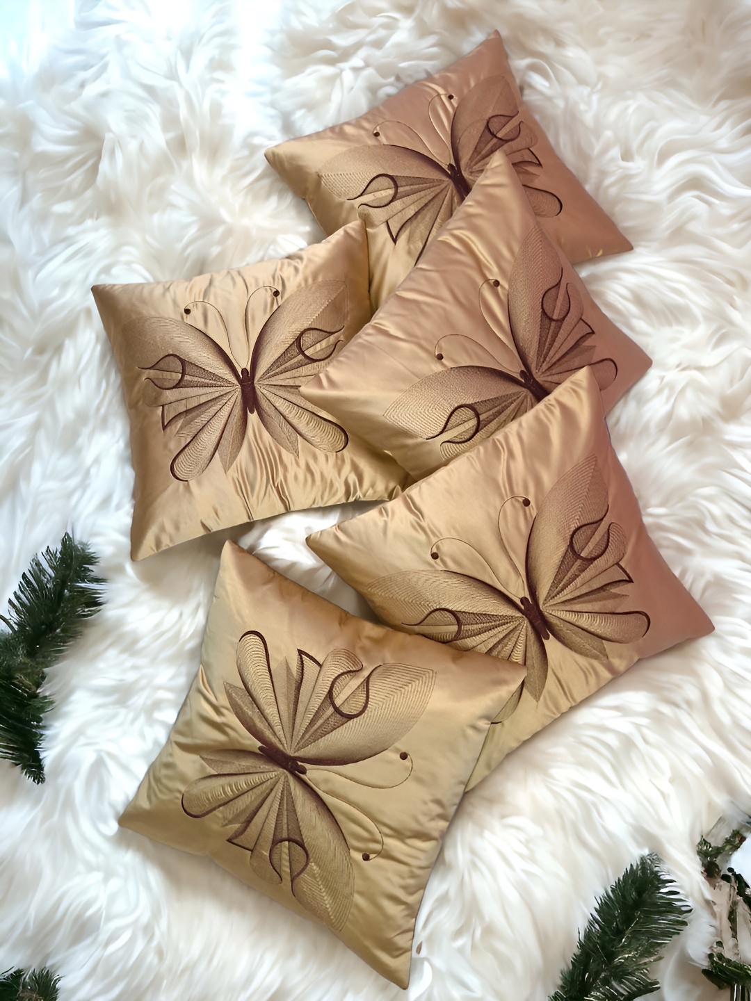 

Zikrak Exim Beige 5 Pieces Embroidered Satin Square Cushion Covers