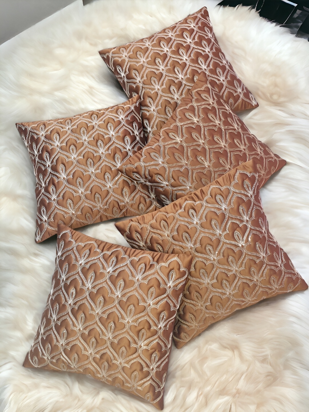 

Zikrak Exim Brown 5 Pieces Embroidered Satin Square Cushion Covers