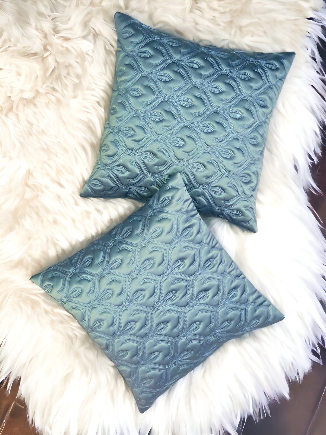 

Zikrak Exim Teal 2 Pieces Embroidered Satin Square Cushion Covers
