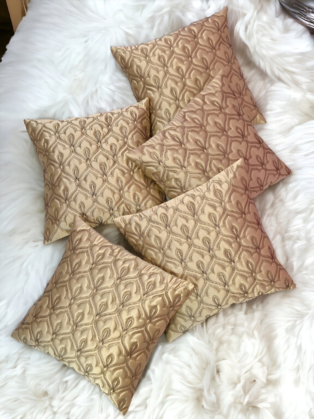 

Zikrak Exim Beige 5 Pieces Embroidered Satin Square Cushion Covers