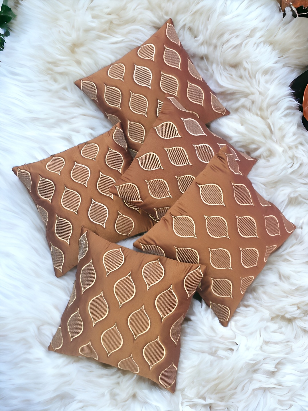 

Zikrak Exim Brown 5 Pieces Embroidered Satin Square Cushion Covers