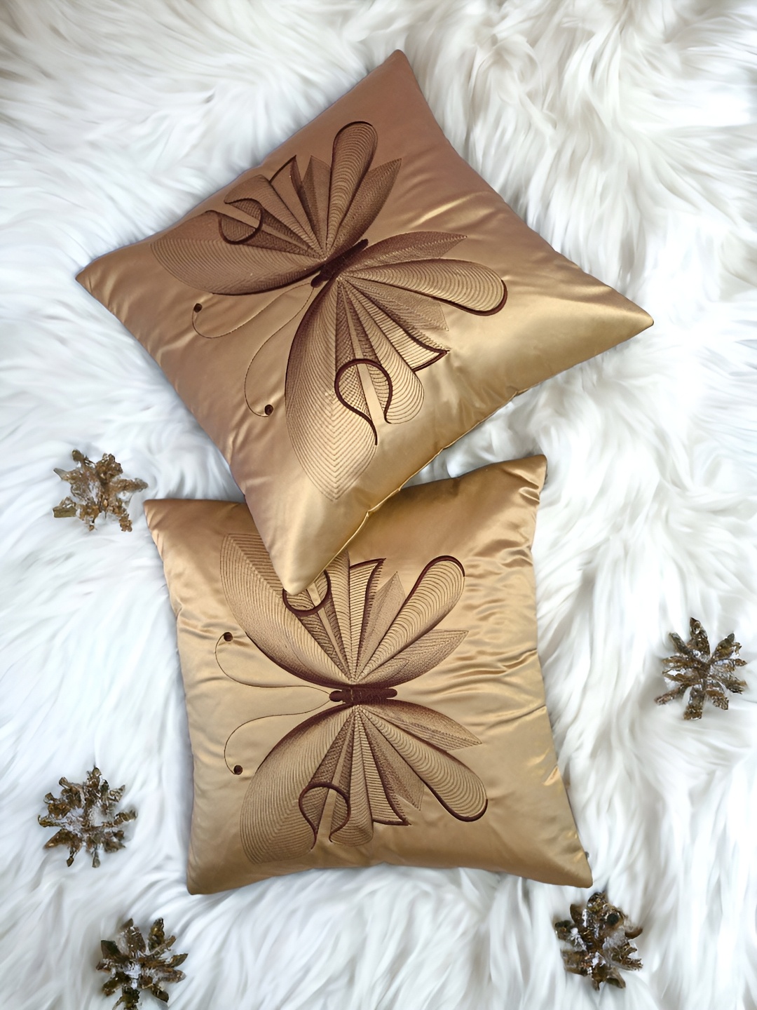 

Zikrak Exim Beige 2 Pieces Embroidered Satin Square Cushion Covers