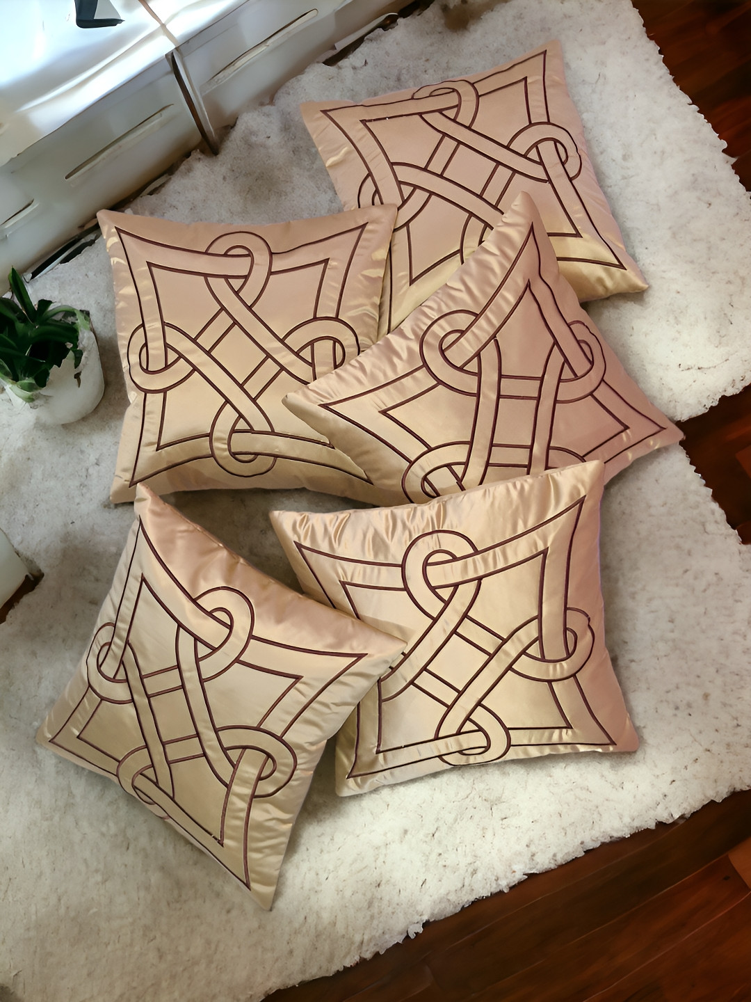 

Zikrak Exim Beige 5 Pieces Embroidered Satin Square Cushion Covers