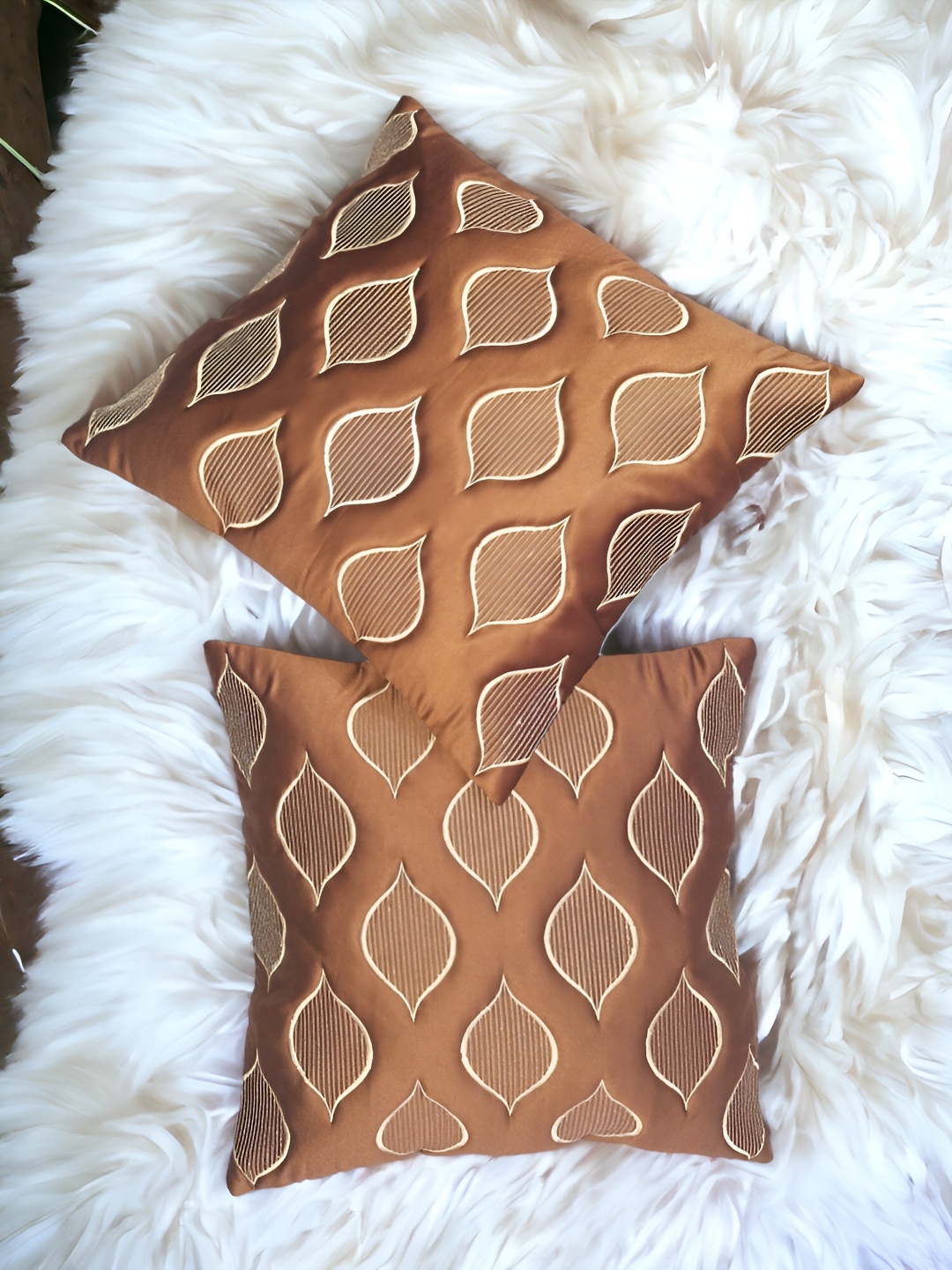 

Zikrak Exim Brown 2 Pieces Embroidered Satin Square Cushion Covers