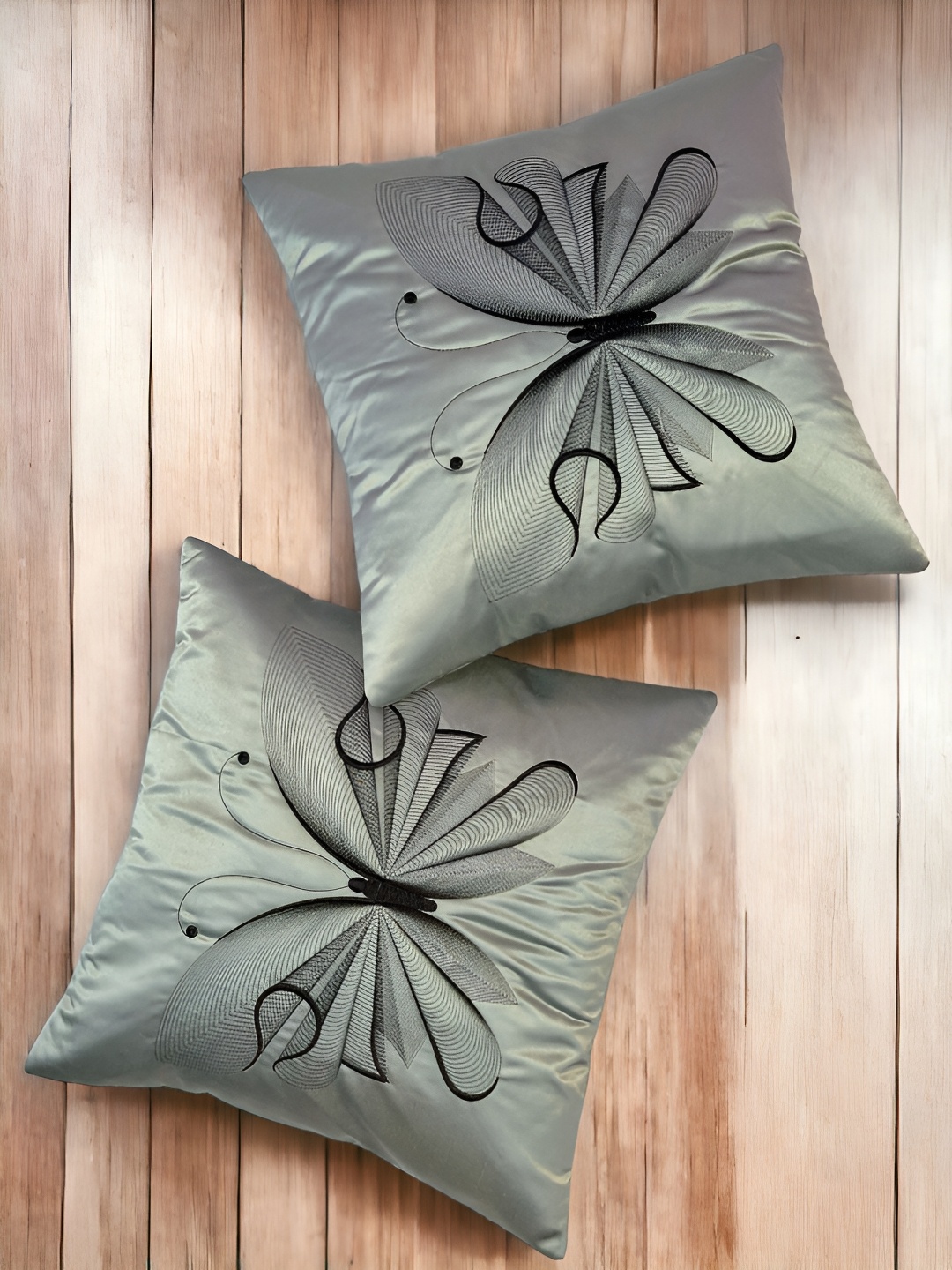 

Zikrak Exim Silver-Toned 2 Pieces Embroidered Satin Square Cushion Covers