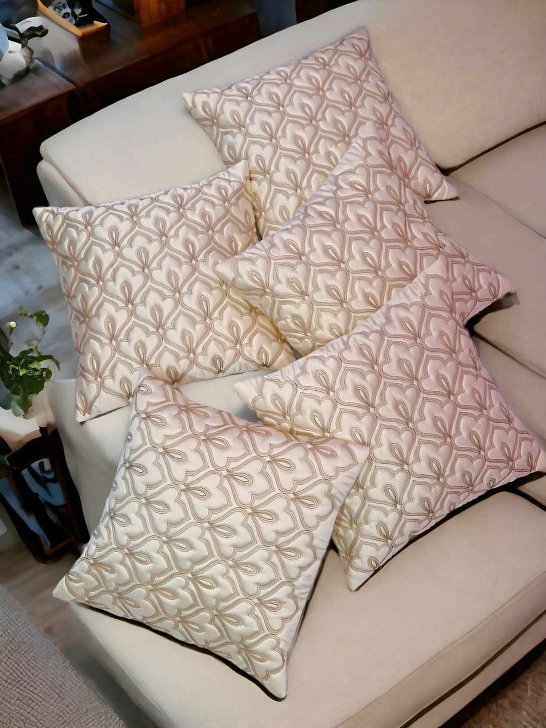 

Zikrak Exim Cream 5 Pieces Embroidered Satin Square Cushion Covers