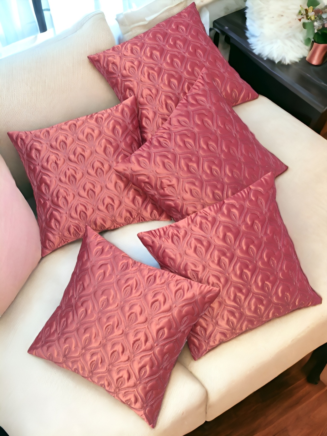

Zikrak Exim Pink 5 Pieces Embroidered Satin Square Cushion Covers