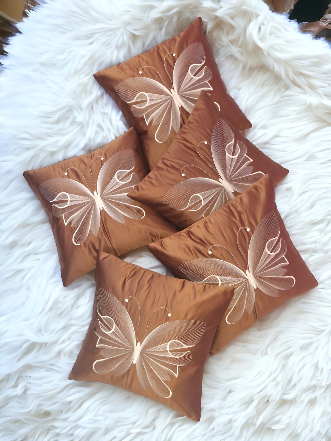 

Zikrak Exim Brown 5 Pieces Embroidered Satin Square Cushion Covers