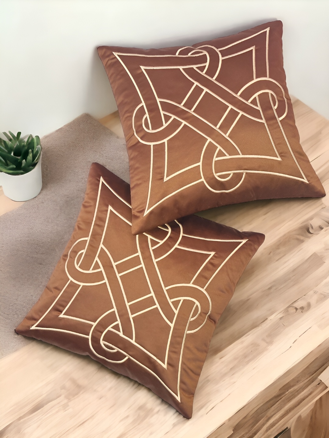 

Zikrak Exim Brown 2 Pieces Embroidered Satin Square Cushion Covers