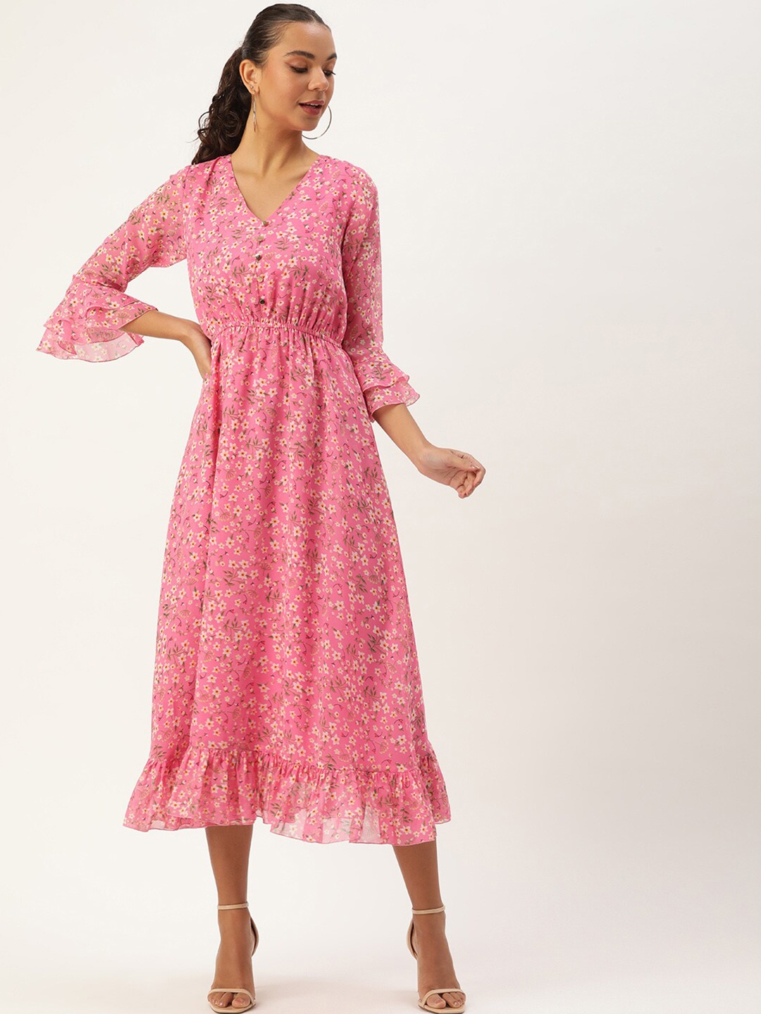 

ROVING MODE Floral Print Bell Sleeve Georgette Fit & Flare Midi Dress, Pink