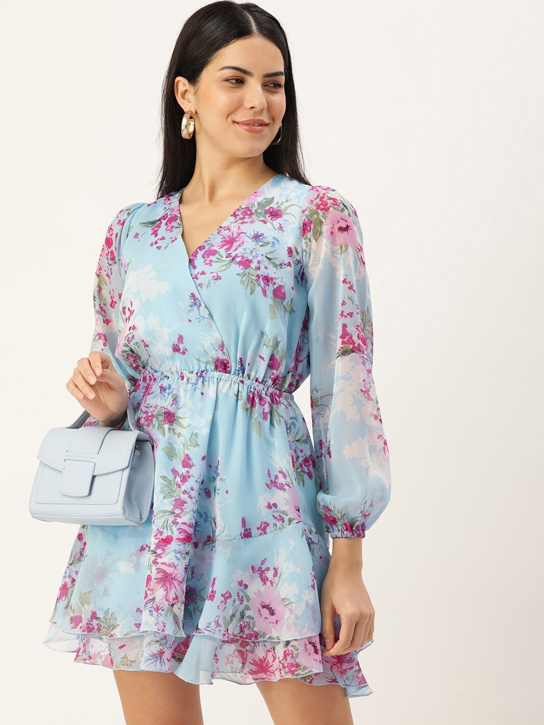 

ROVING MODE Floral Print Puff Sleeve Georgette Fit & Flare Dress, Blue